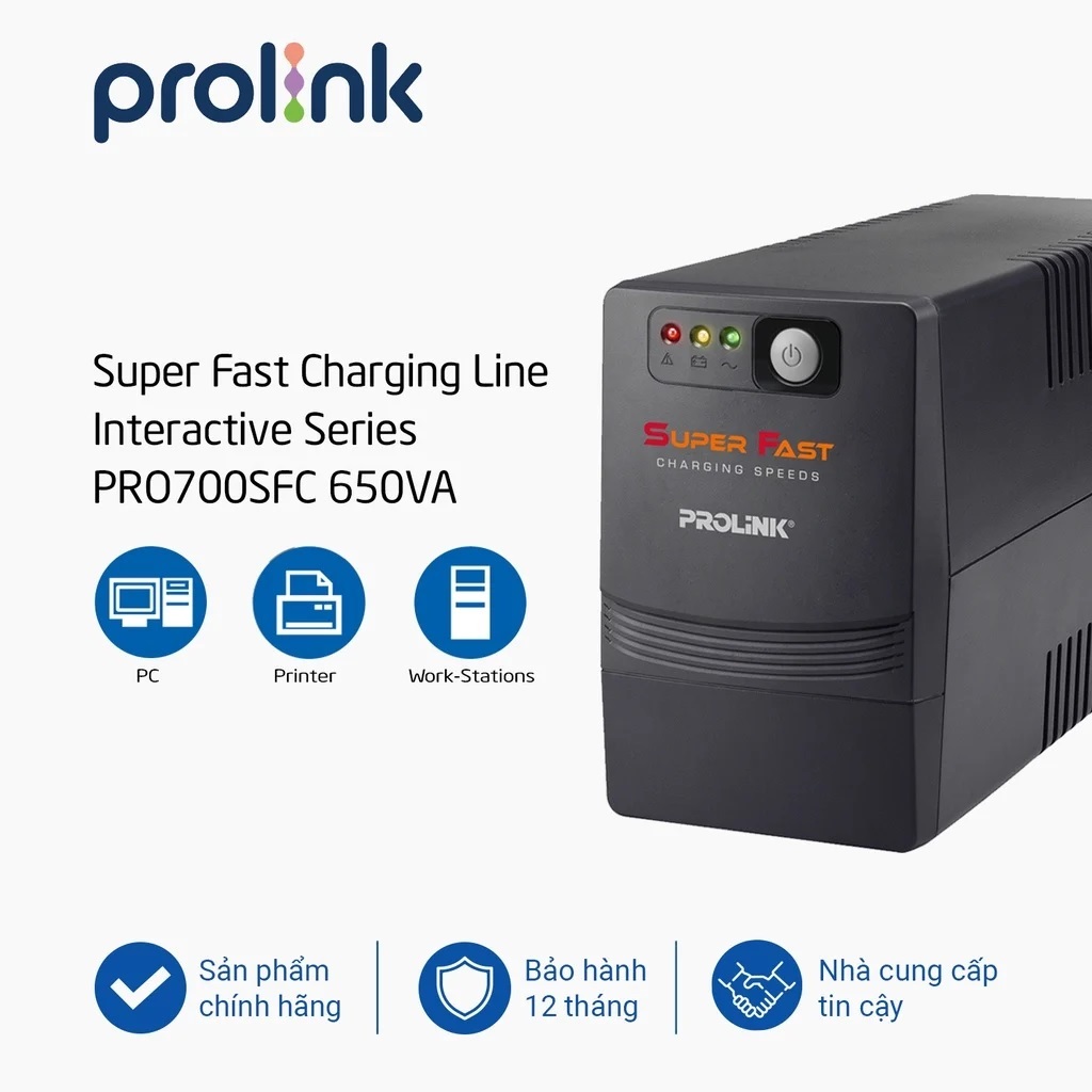 Bộ lưu điện UPS PROLiNK PRO700SFC công suất 360W sạc siêu nhanh dùng cho PC Wifi Camera