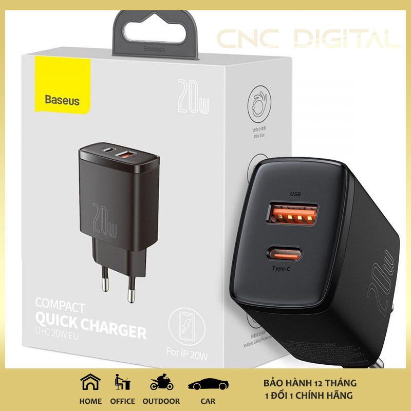 Dùng cho iPhone 12 iPhone 13 | Cốc Sạc Baseus Compact Quick Charger 20W Sạc Nhanh 2 cổng USB + Type C dùng cho iPhone 12 iPhone 13 iPad Xiaomi OPPO Vivo Vinsmart HUAWEI Đầu ra Type-C + USB 2 Màu Trắng Đen tùy chọn