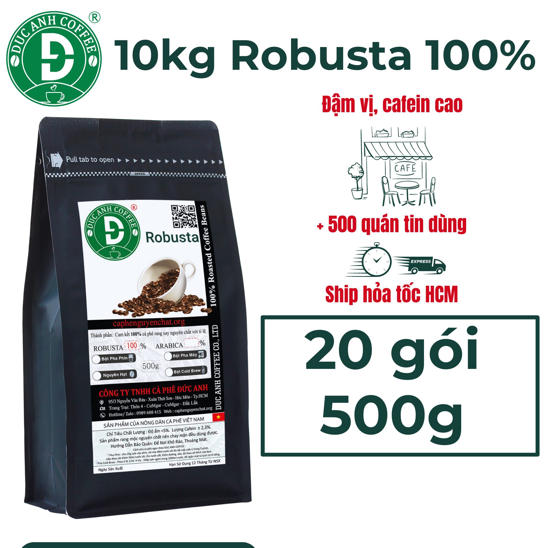 [giá sỉ] 10kg cà phê rang mộc nguyên chất dành cho quán - thương hiệu DUC ANH COFFEE - Mặc định XAY SẴN dùng PHA PHIN- Sản phẩm trực tiếp từ nông trại cà phê Đức Anh