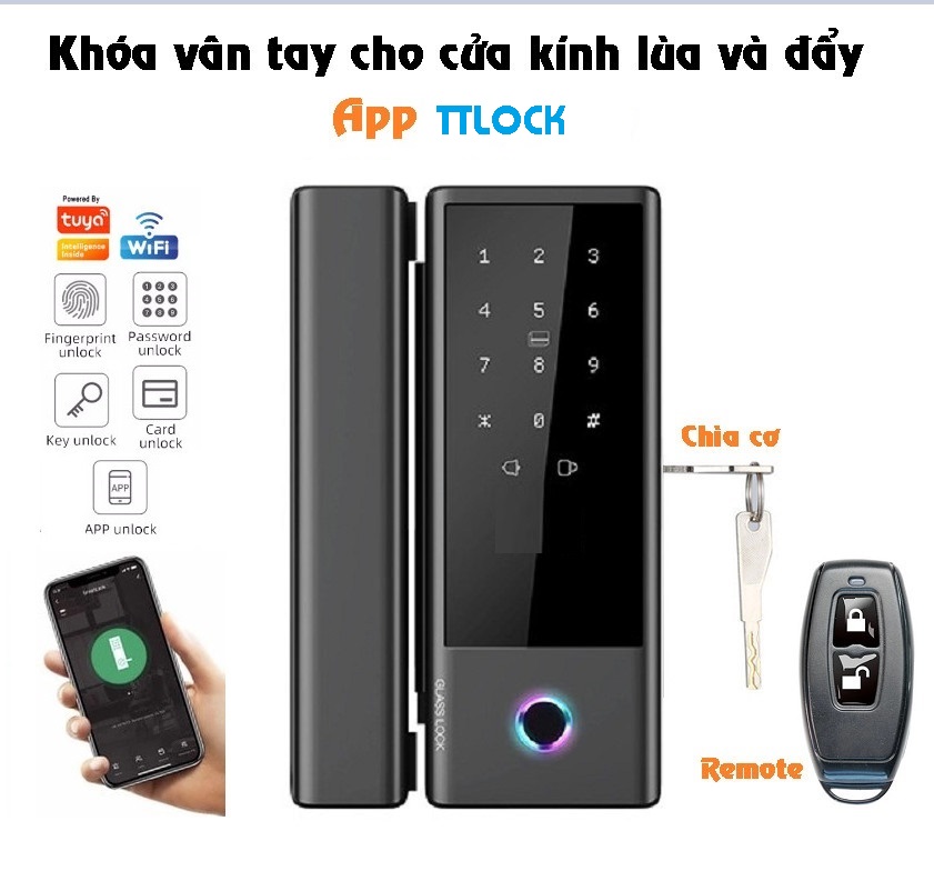 Khóa vân tay cao cấp cho cửa kính có chìa khóa cơ