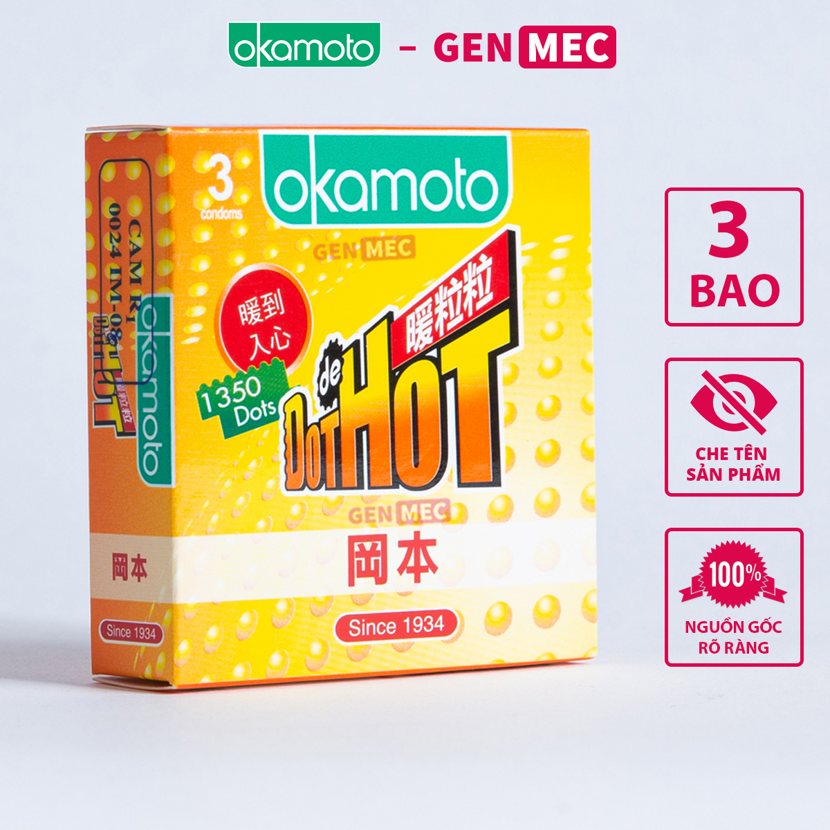 Bao cao su Gai Nóng Truyền Nhiệt Okamoto - Siêu Khoái Cảm - BCS Okamoto Dot De Hot Hộp 03 bao - Genmec
