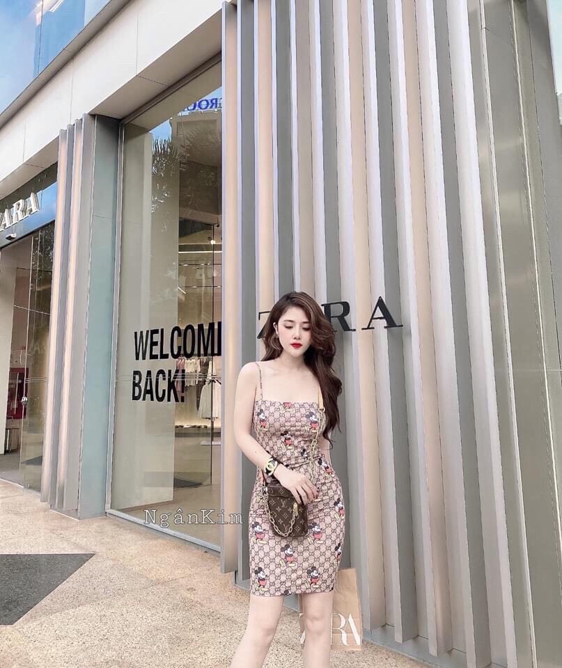 Đầm body 2 dây in họa tiết coton tici-QH
