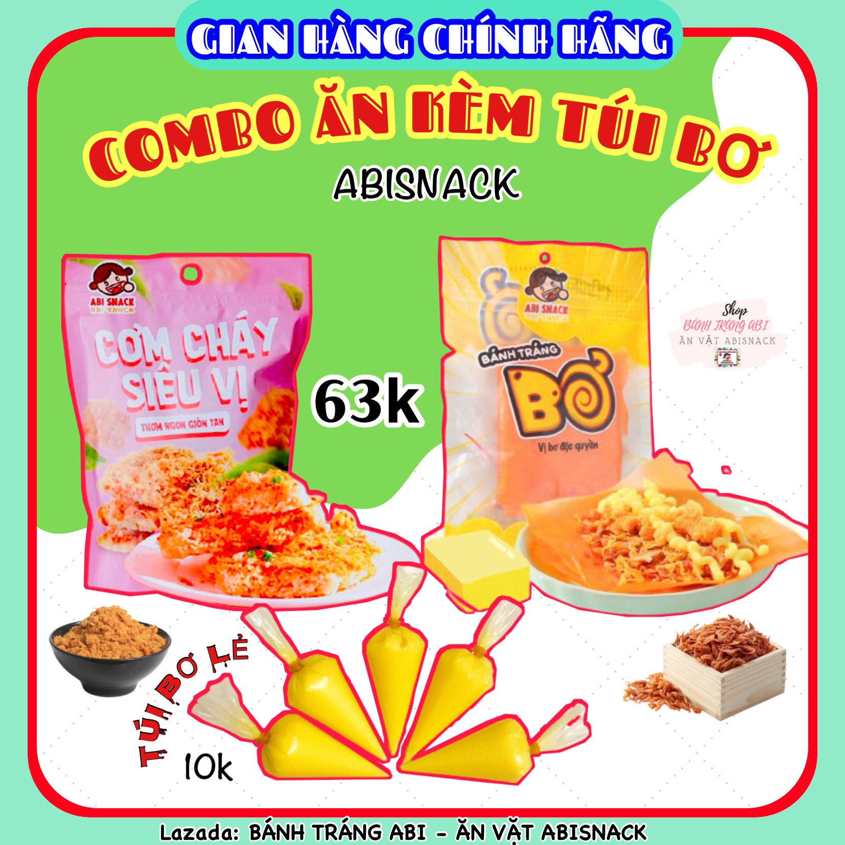 Combo bánh tráng bơ + túi bơ + cơm cháy + 1 túi bơ thêm