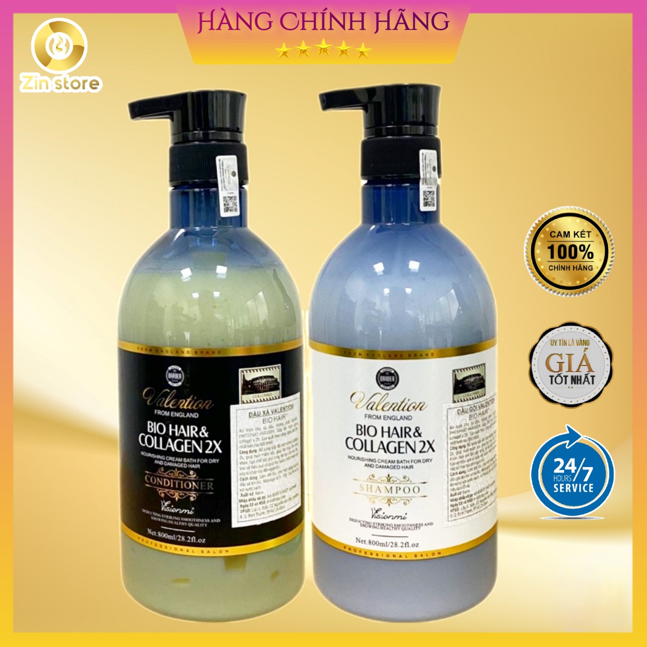 Bộ gội xả VALENTION Collagen, gội xả siêu mượt phục hồi tóc hư hương nước hoa 800ml