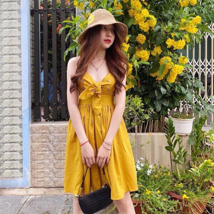 [freeship]đầm nữ hai dây đính nơ màu vàng - váy nữ hai dây dáng xòe chất liệu kate lụa thích hợp mặc đi chơi đi du lịch cùng bạn bè - GIRLY STORE