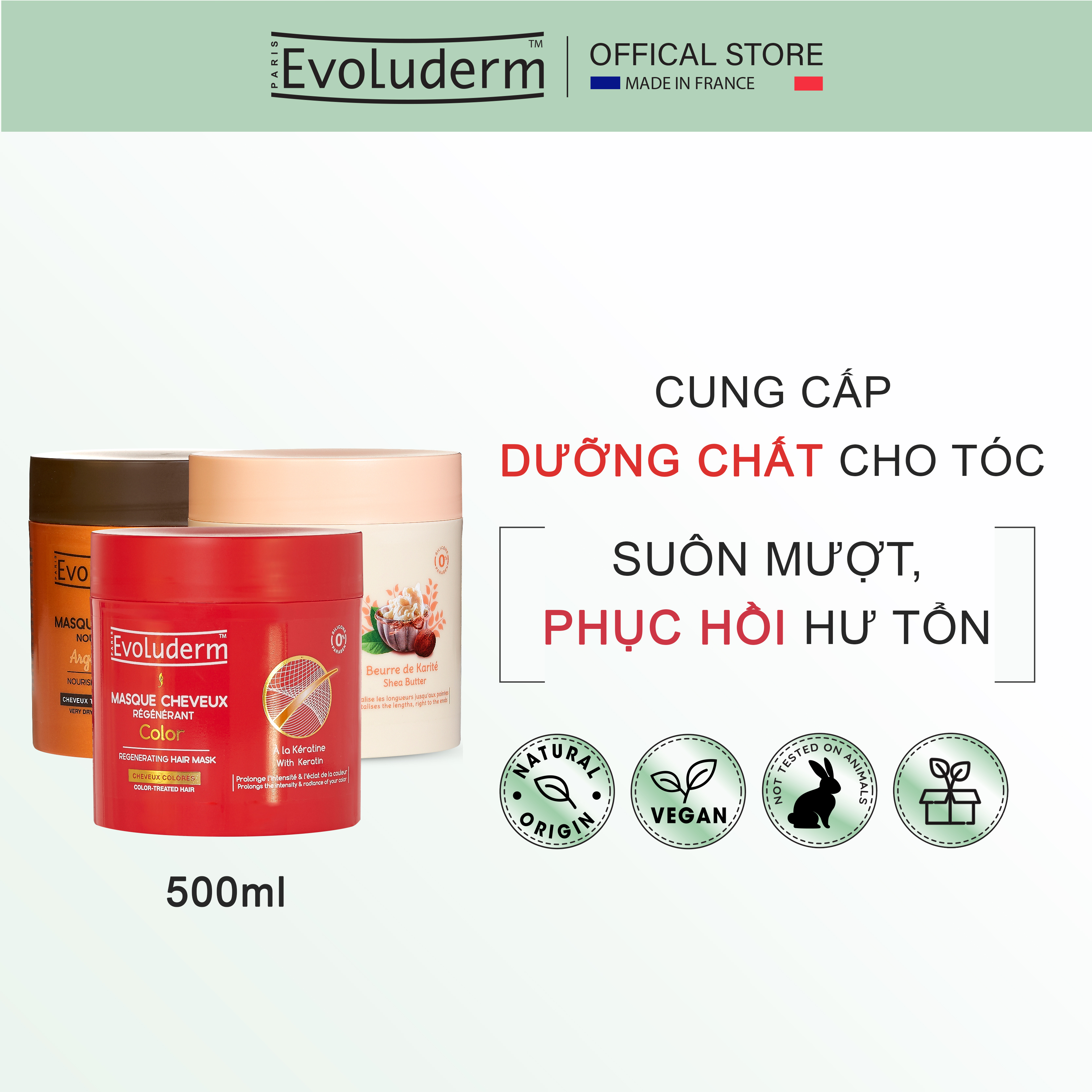 Kem ủ phục hồi và nuôi dưỡng tóc Bơ Hạt Mỡ Masque Cheveux Karite Evoluderm dành cho tóc dài và chẻ ngọn 500ml