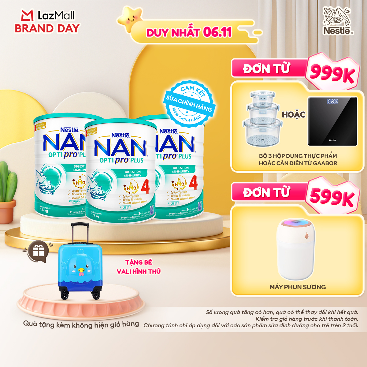 [CHỈ 6.11 QT Đơn 599K/999K] [Tặng Vali hình thú cho bé] Bộ 3 lon Sữa bột Nestlé NAN OPTIPRO PLUS 4 v