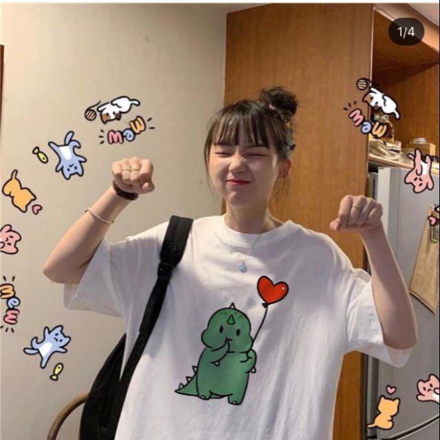 Áo thun unisex khủng long xanh bóng tim đỏ freesize siêu cute