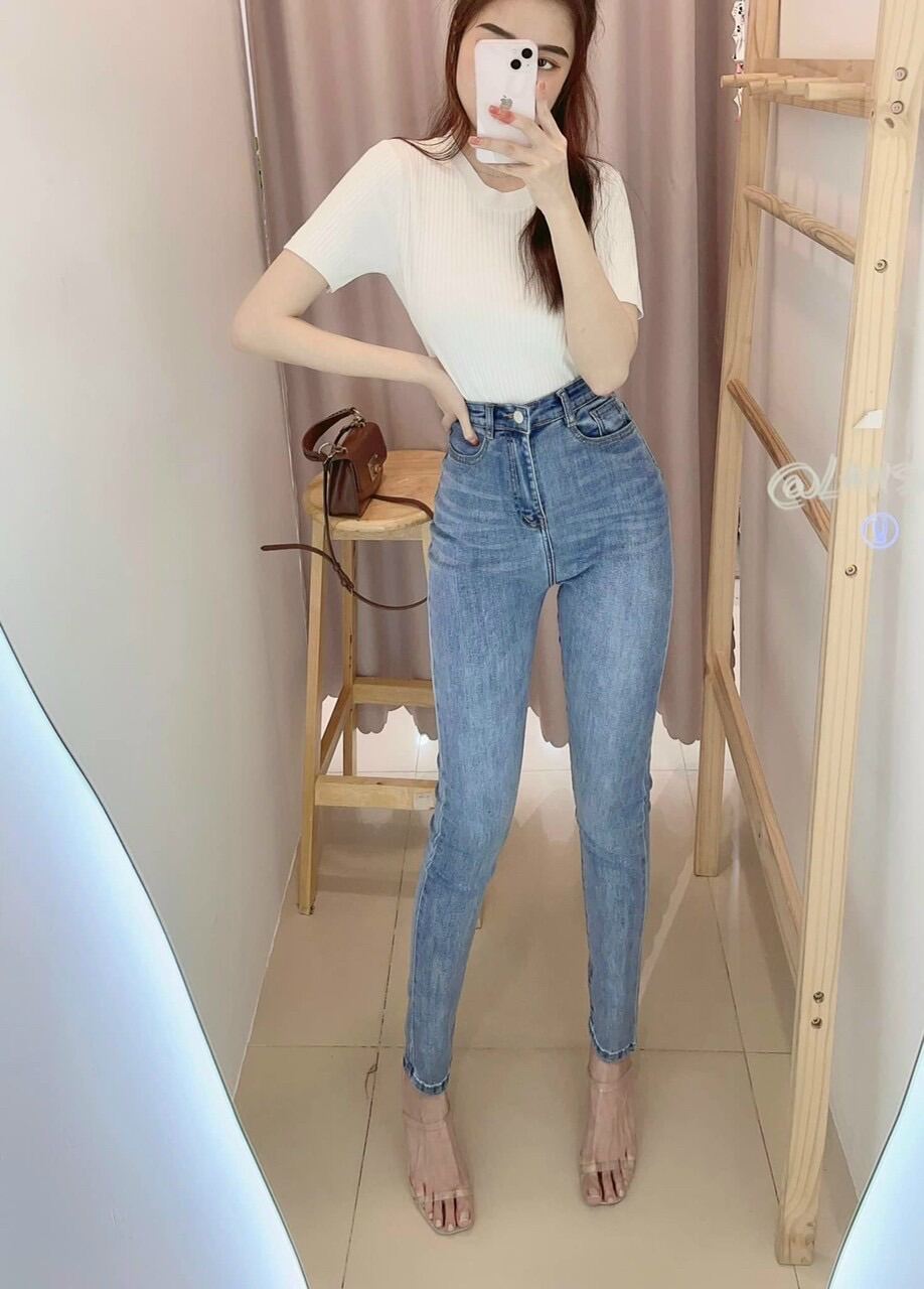 Jeans dài Lưng Cao Co Giãn Trơn