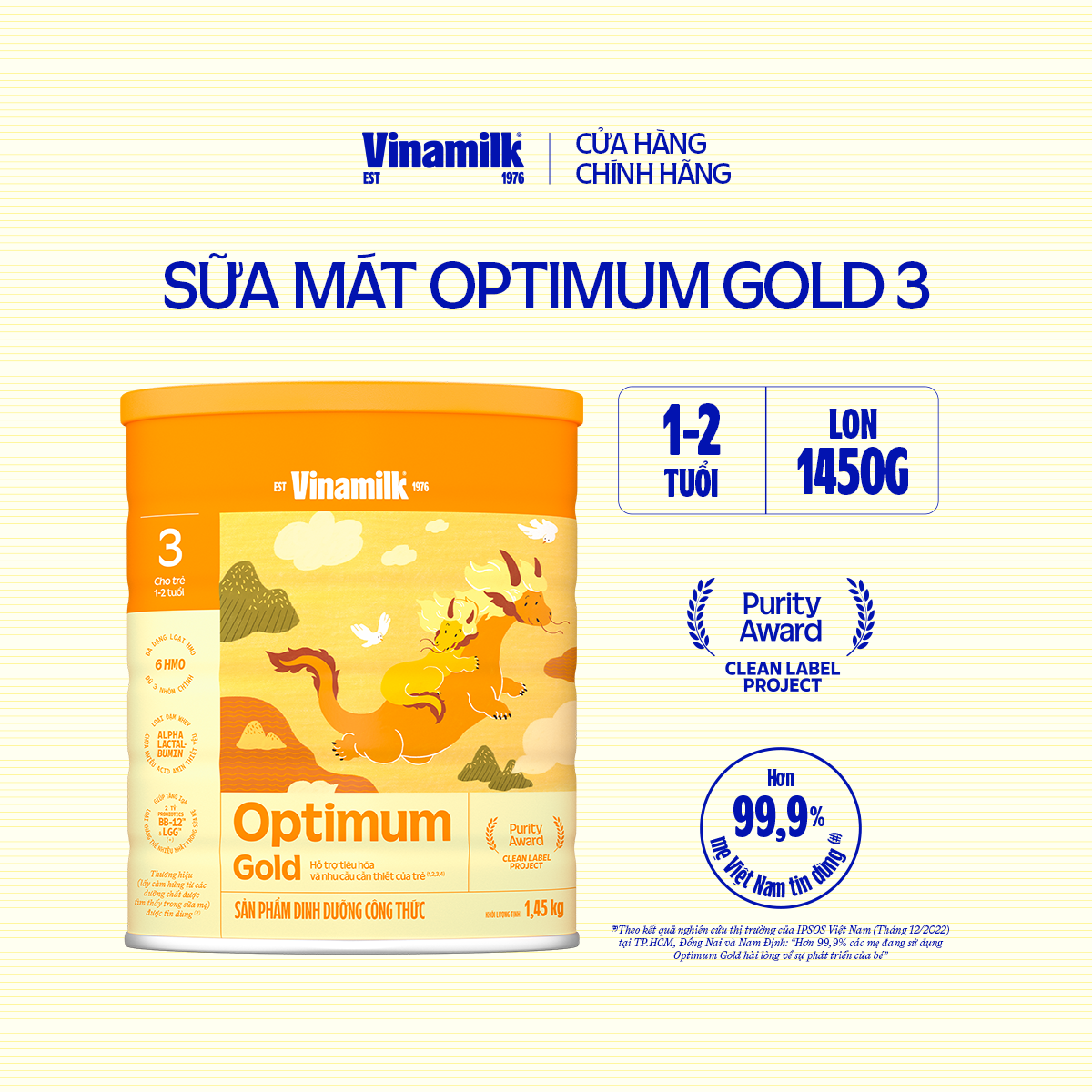 Sữa bột Vinamilk Optimum Gold 3 - Hộp thiếc 1450g (cho trẻ từ 1 - 2 tuổi) - Sữa công thức giúp Tăng cân, chiều cao, tiêu hóa phát triển não bộ