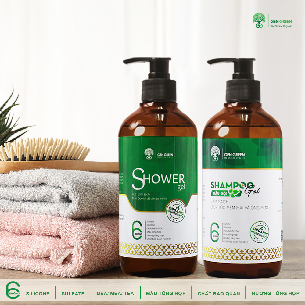 Combo tắm gội hữu cơ gengreen shampoo gel 250gr + shower gel 250gr