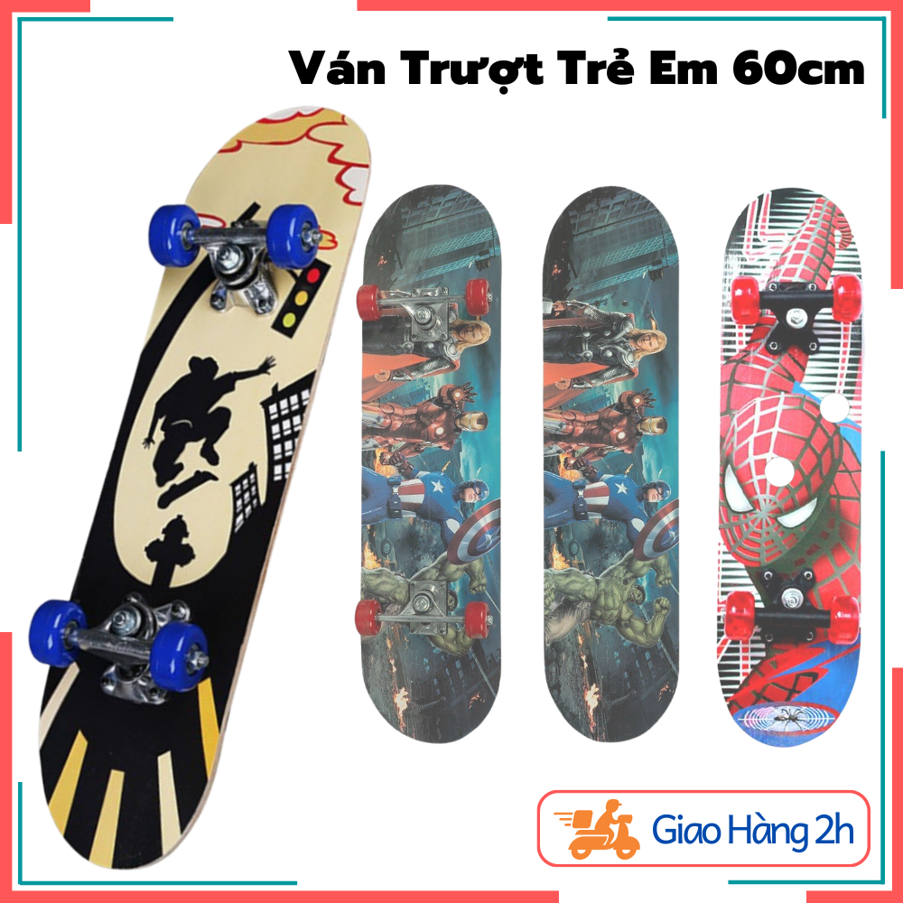 Ván trượt thể thao trẻ em gỗ phong ép 7 lớp mặt nhám - dài 60cm ván trượt thể thao hình người nhện, marvel, cậu bé - môn thể thao ngoài trời
