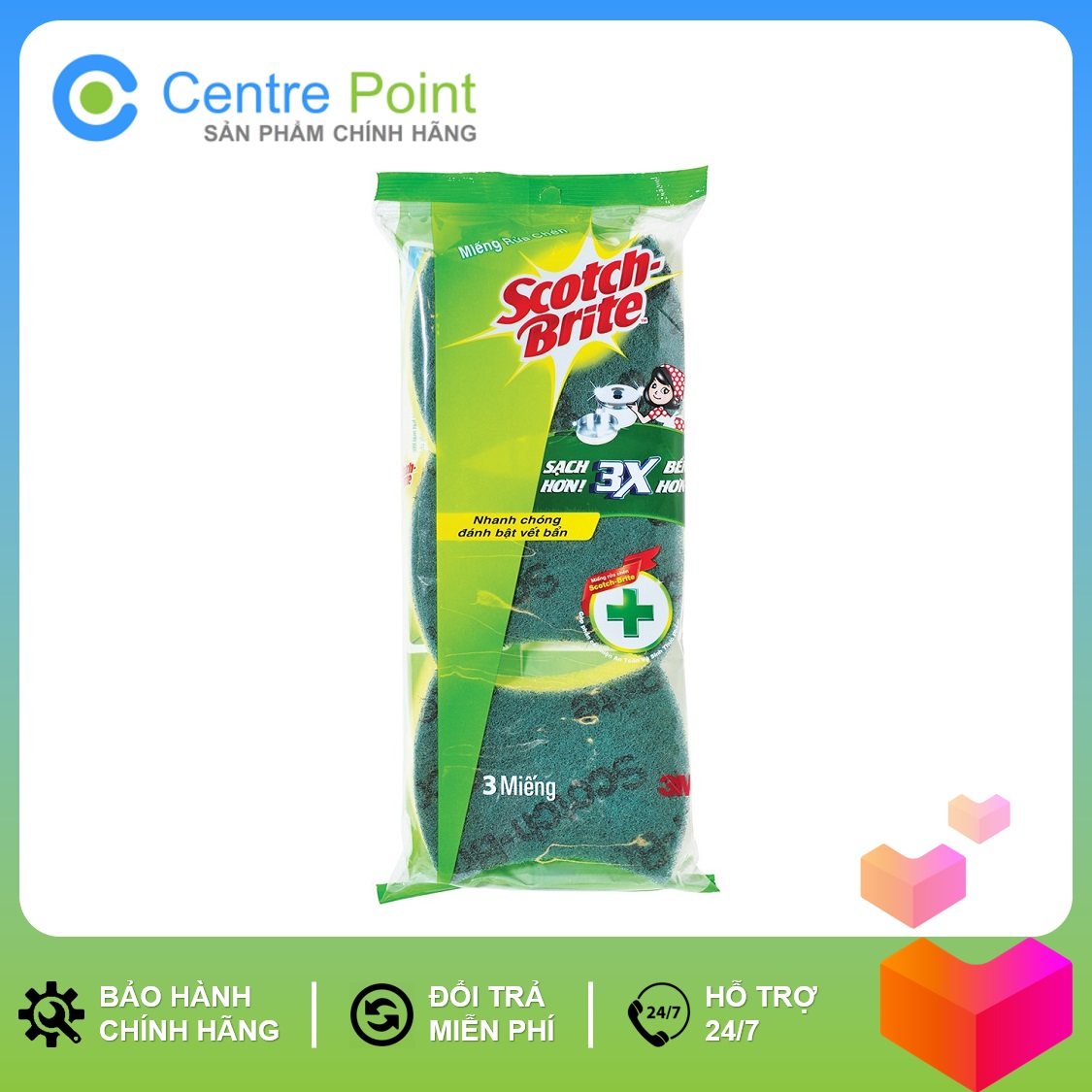 Combo 3 miếng rửa chén bát/ Cước cọ rửa 2 lớp Scotch Brite 3M - 2 mặt không trầy xước