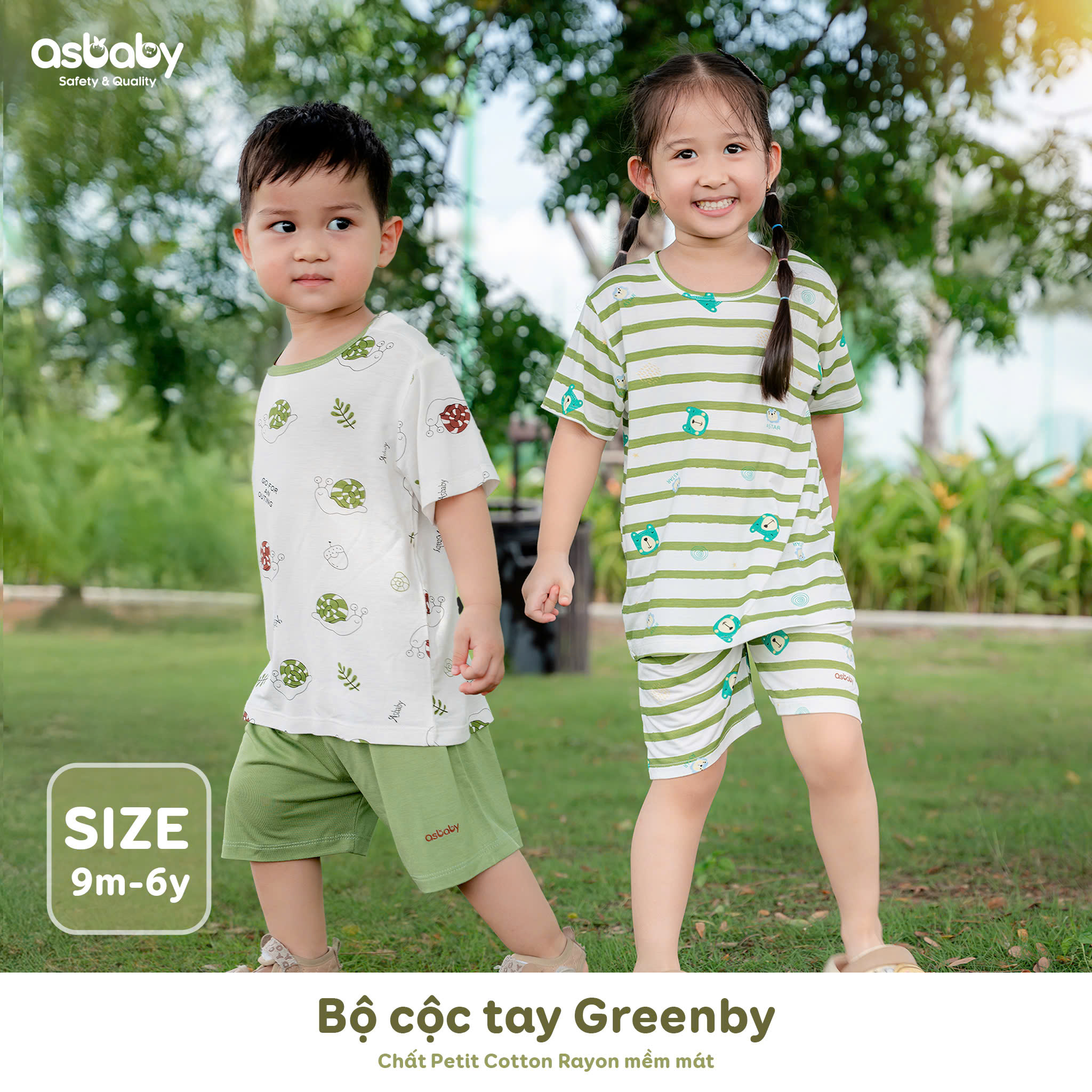 Bộ cộc tay cài vai Greenby thương hiệu Asbaby cho bé trai, bé gái 9 tháng đến 6 tuổi