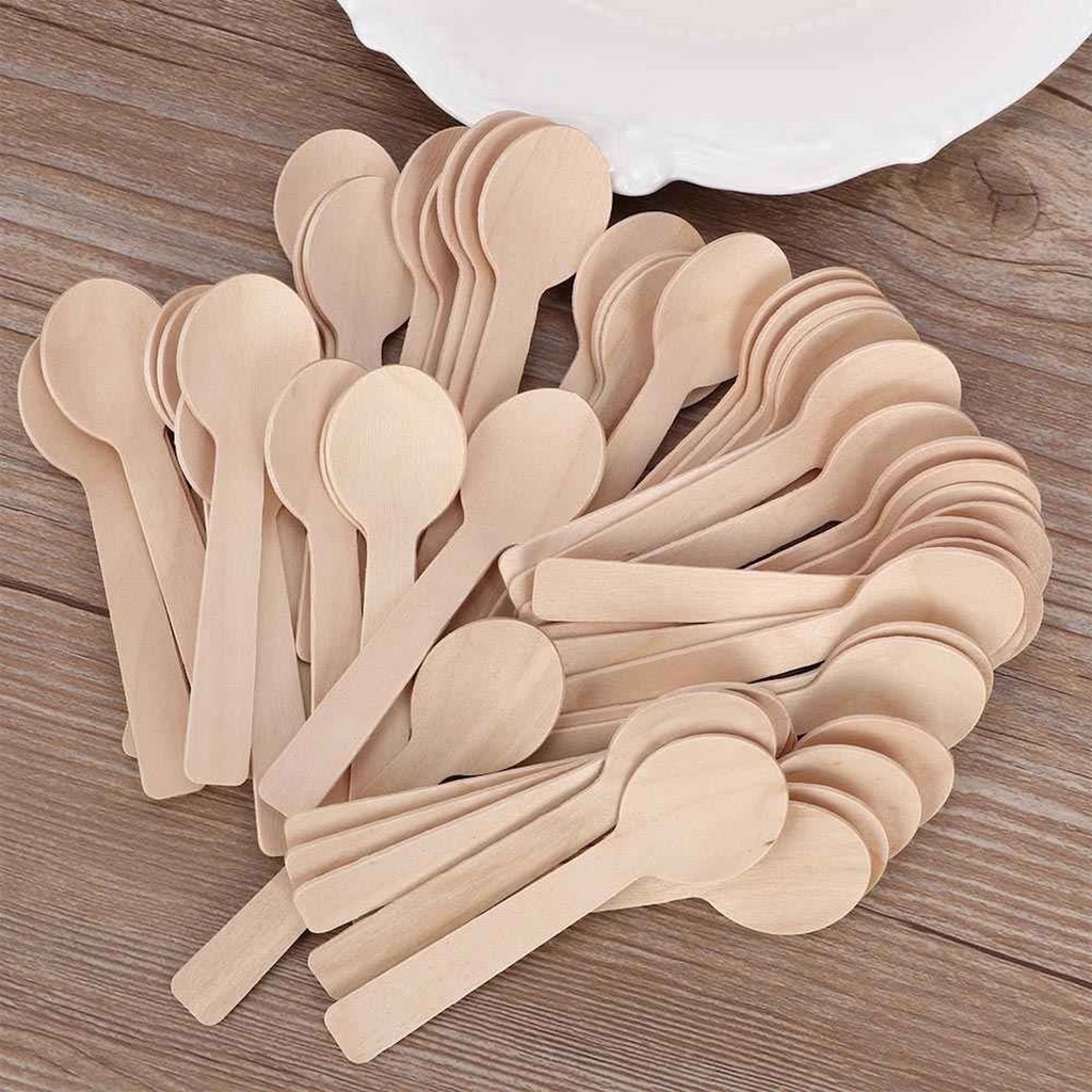 100 CÁI MUỖNG THÌA GỖ DÙNG MỘT LẦN LOẠI NHỎ ĐỂ ĂN KEM SỮA CHUA XÔI BÁNH