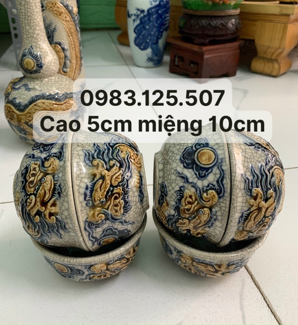 Bát cúng thờ men rạn nổi sen + rồng - Đồ thờ cúng