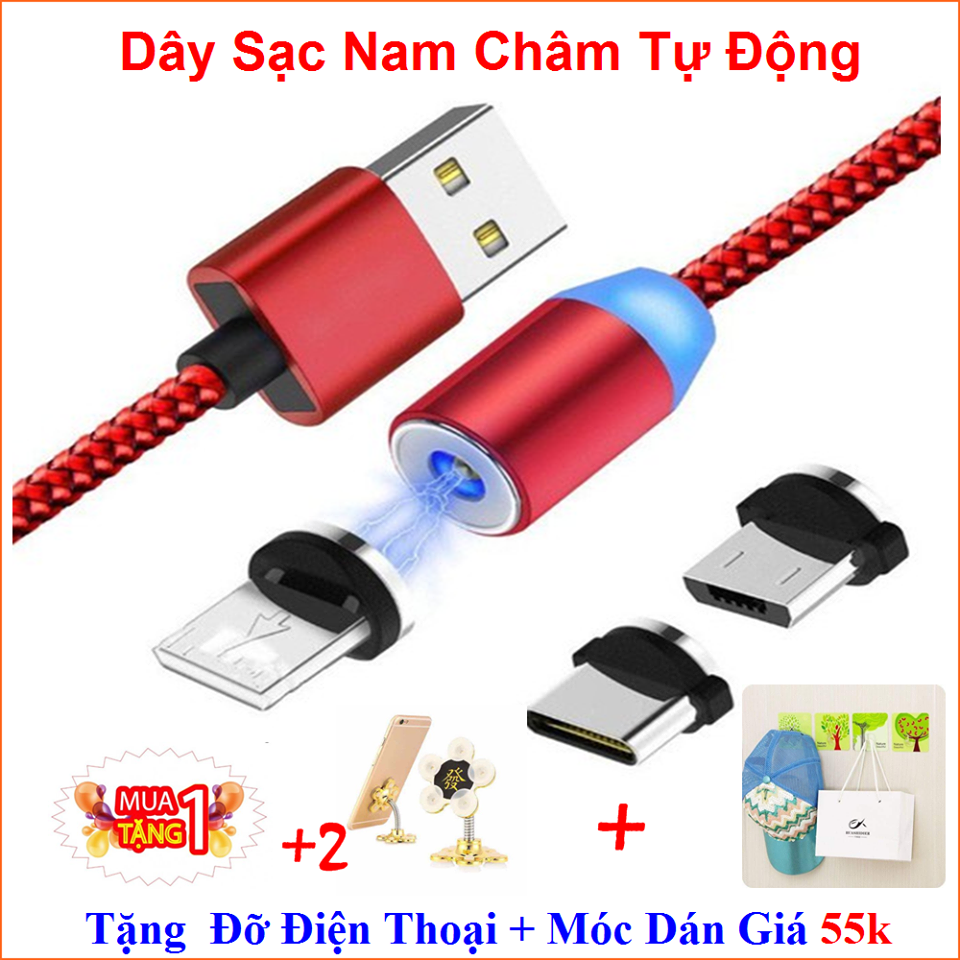 Tặng kèm 3 đầu nối Dây cáp từ dây sạc lực hút mạnh đầu hút nam châm sạc điện thoại Android type-c iphone x 3 trong 1