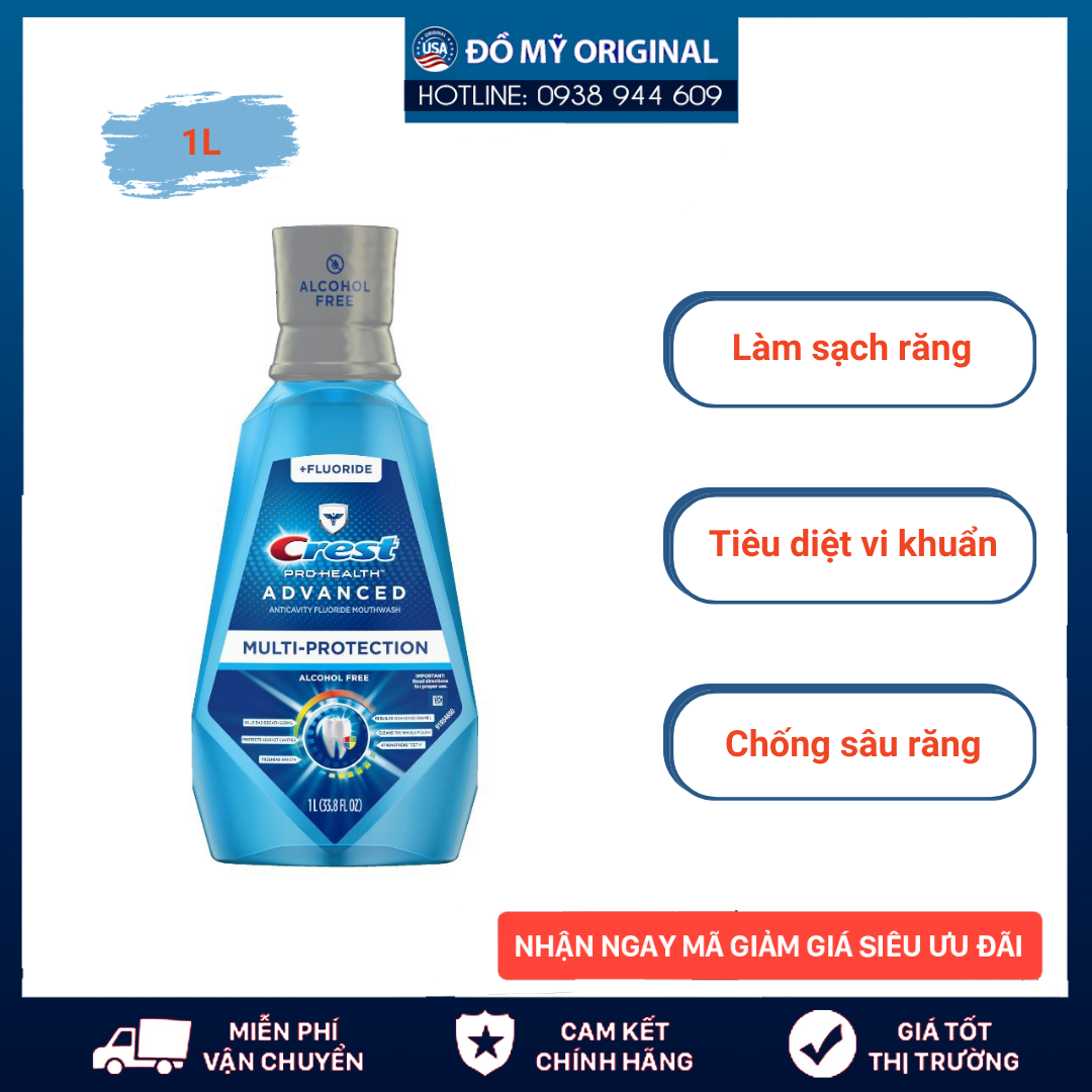 Nước súc miệng Crest 3D White Pro-Health Advanced with Extra Deep Clean Dung Tích 1L Làm Sạch Sâu Và Chống Vi Khuẩn Trong Toàn Khoang Miệng