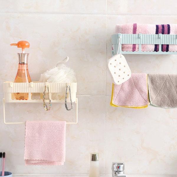 Kệ nhà tắm dán tường hình chữ nhật thông minh, có móc treo khăn (Màu ngẫu nhiên), dễ dàng sử lắp đặt với kệ dán siêu dính
