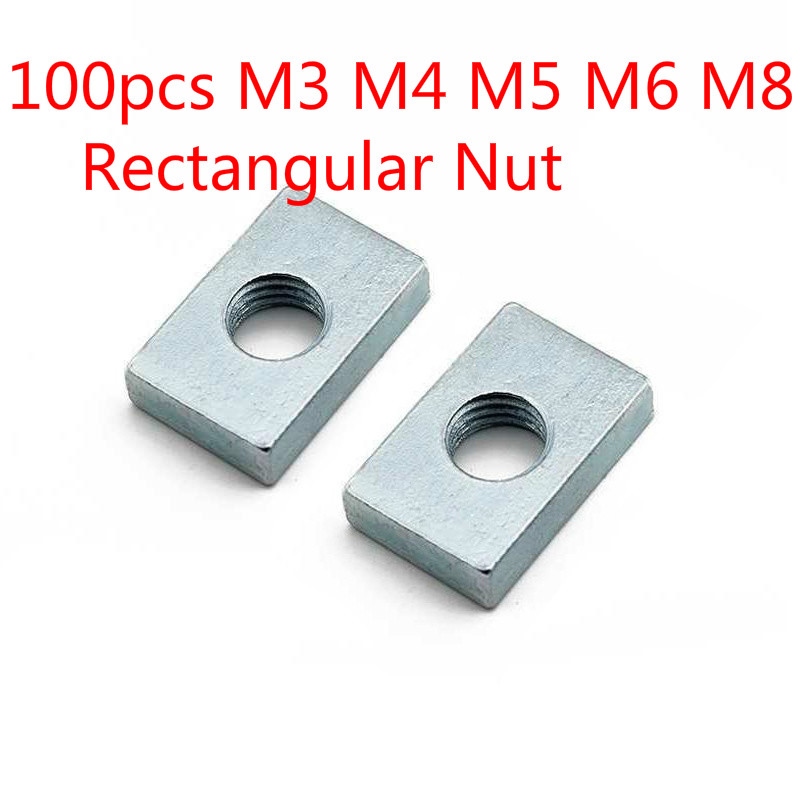▽ 100pcs m3 m4 m5 m6 m8 aluminum profile square nut rectangular nuts gb39 accessory slider block thin carbon steel countersunk nut