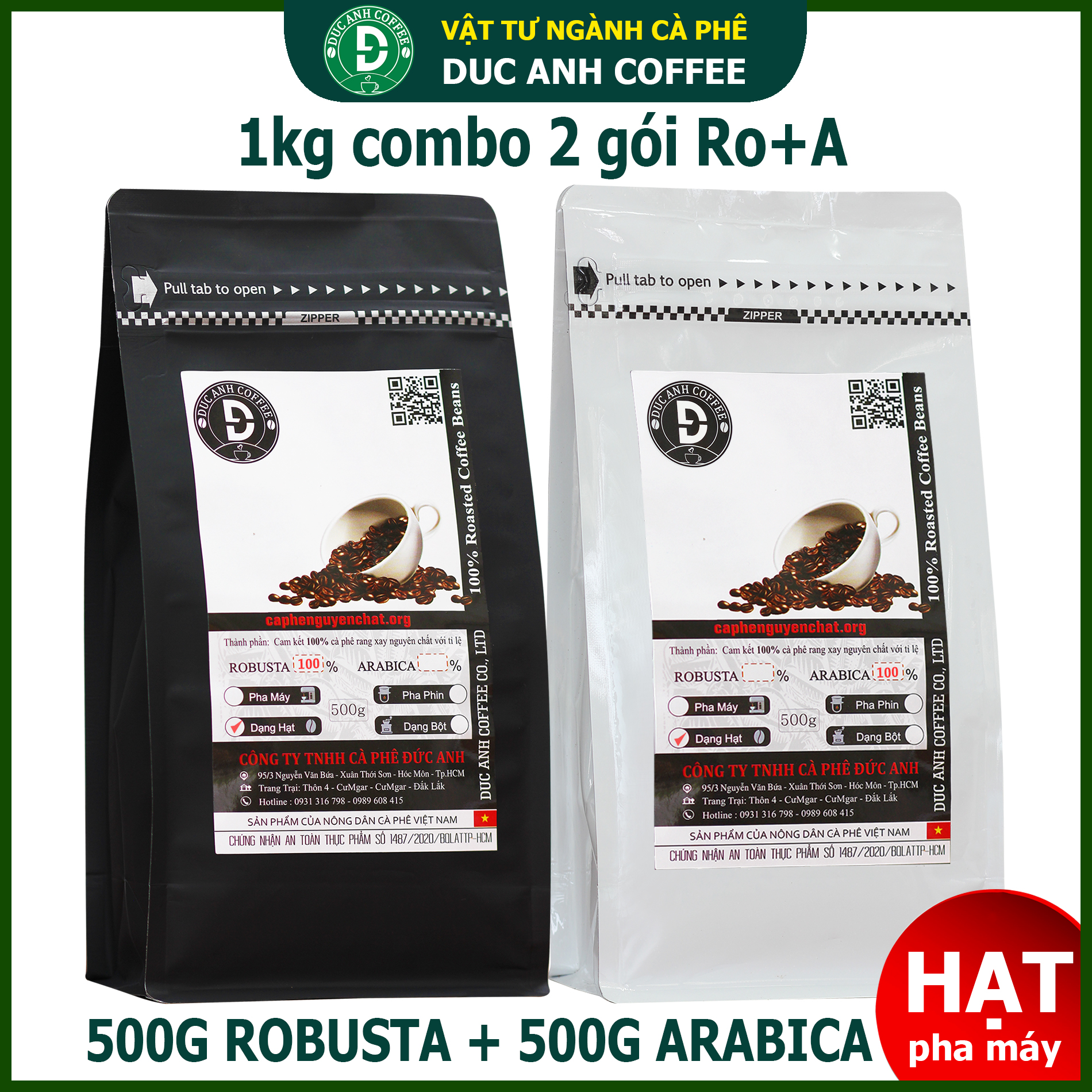 1kg cà phê Hạt combo gói 500g Robusta + gói 500g Arabica ( Xuất xứ Buôn Ma Thuột và Đà Lạt )  DUC ANH COFFEE - Thương hiệu cà phê rang mộc - cafe hạt