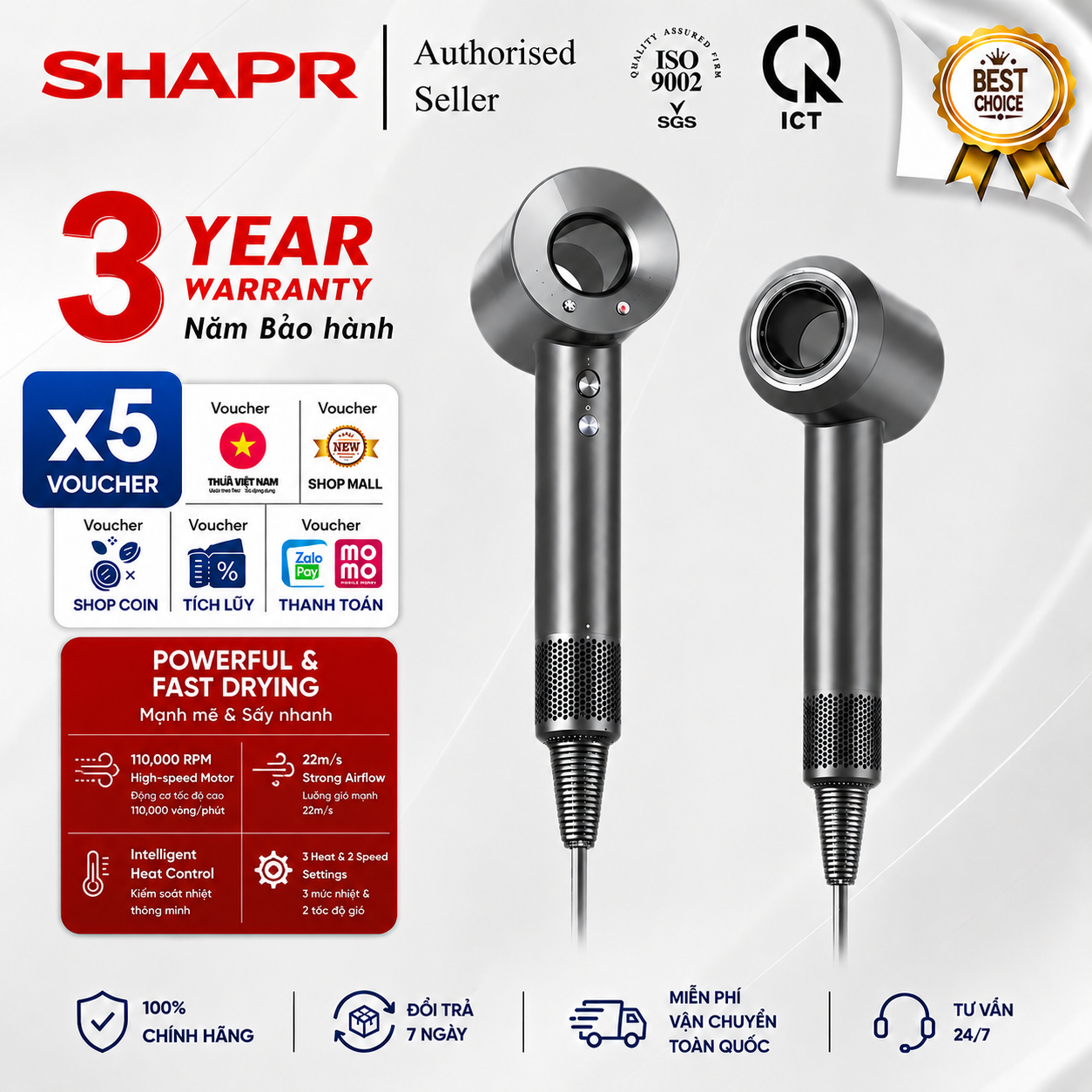 【Bảo hành 3 năm miễn phí】Máy sấy tóc DS26H-SN Hair Dryer ion Xám kim loại không gian 145% Power Người bảo vệ ion Xám Phiên bản năm 2026 được nâng cấp với bộ lọc hợp kim titan từ tính
