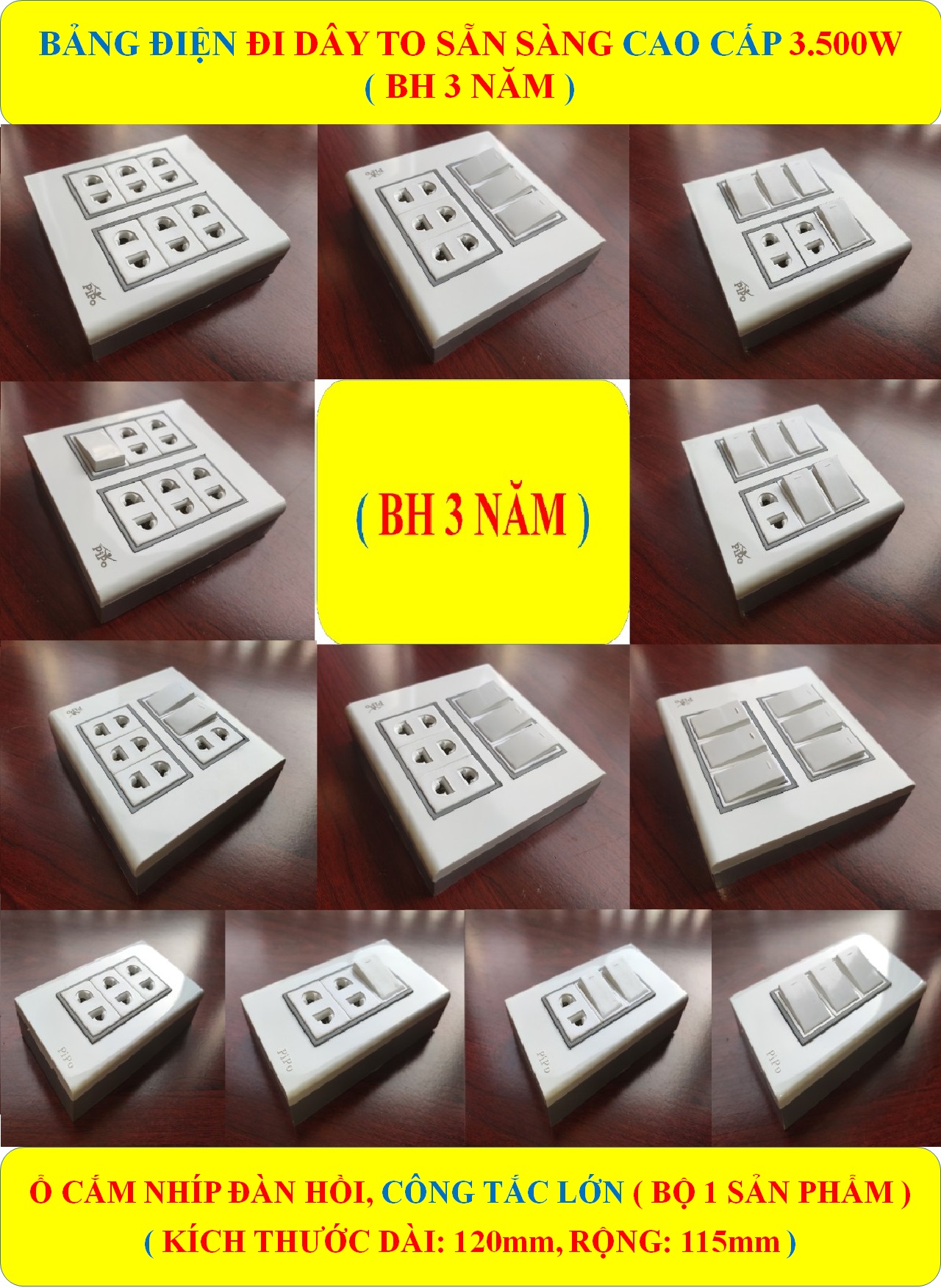 Bảng điện lắp nổi gắn tường CAO CẤP (3500W) + BH 3 NĂM + Ổ cắm nhíp chống giãn đàn hồi + Công tắc bật tắt nhẹ nhàng + Đi dây sẵn sàng đầy đủ + Bộ ốc vít lắp đặt (bộ 1 sản phẩm)