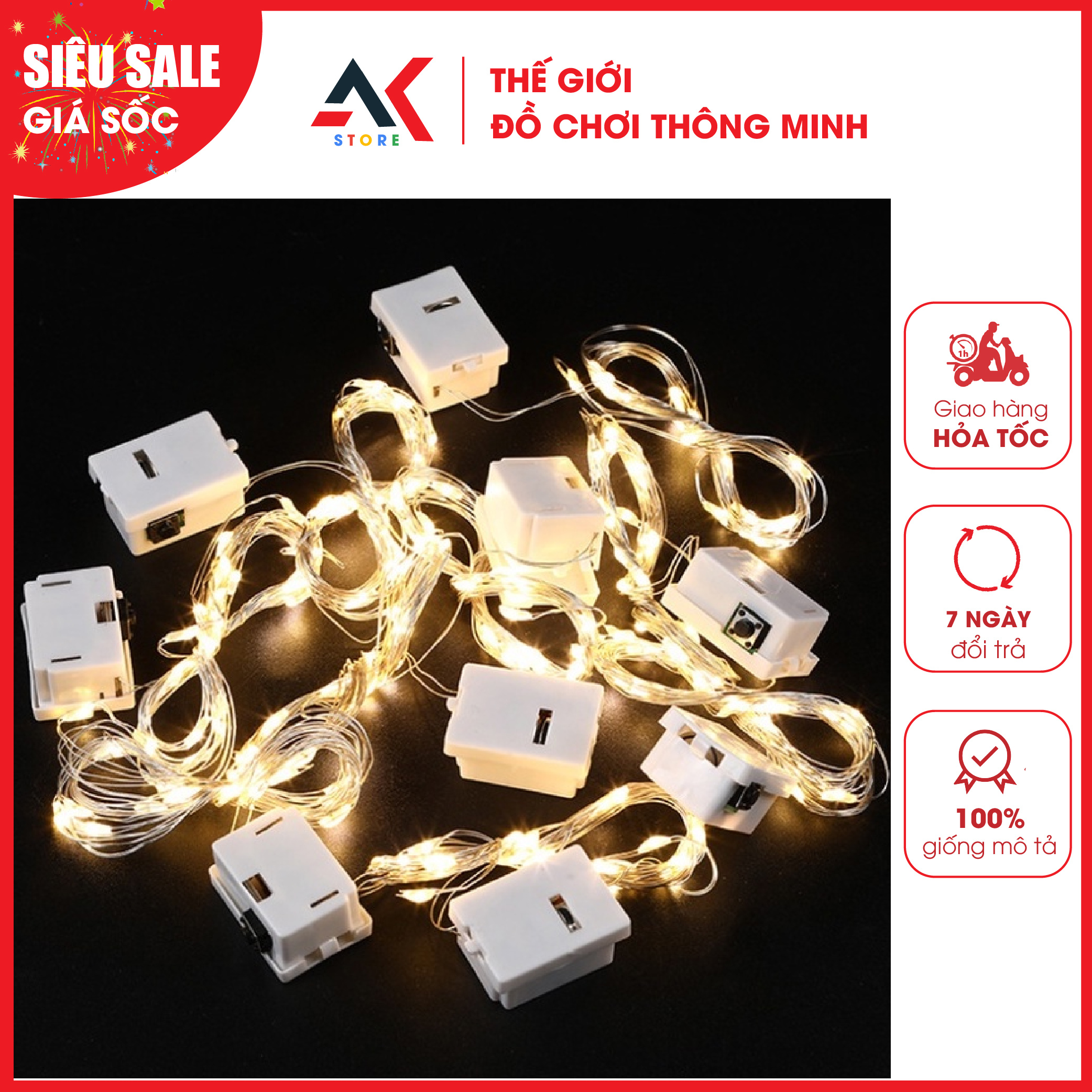 Đèn led trang trí giáng sinh noel sinh nhật lễ tết có sẵn pin dây dài 1m 2m