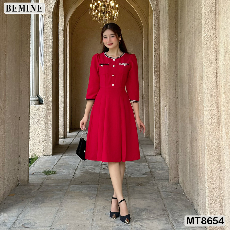 Đầm thiết kế cổ tròn phối ren tùng xếp ly bemine mt8654