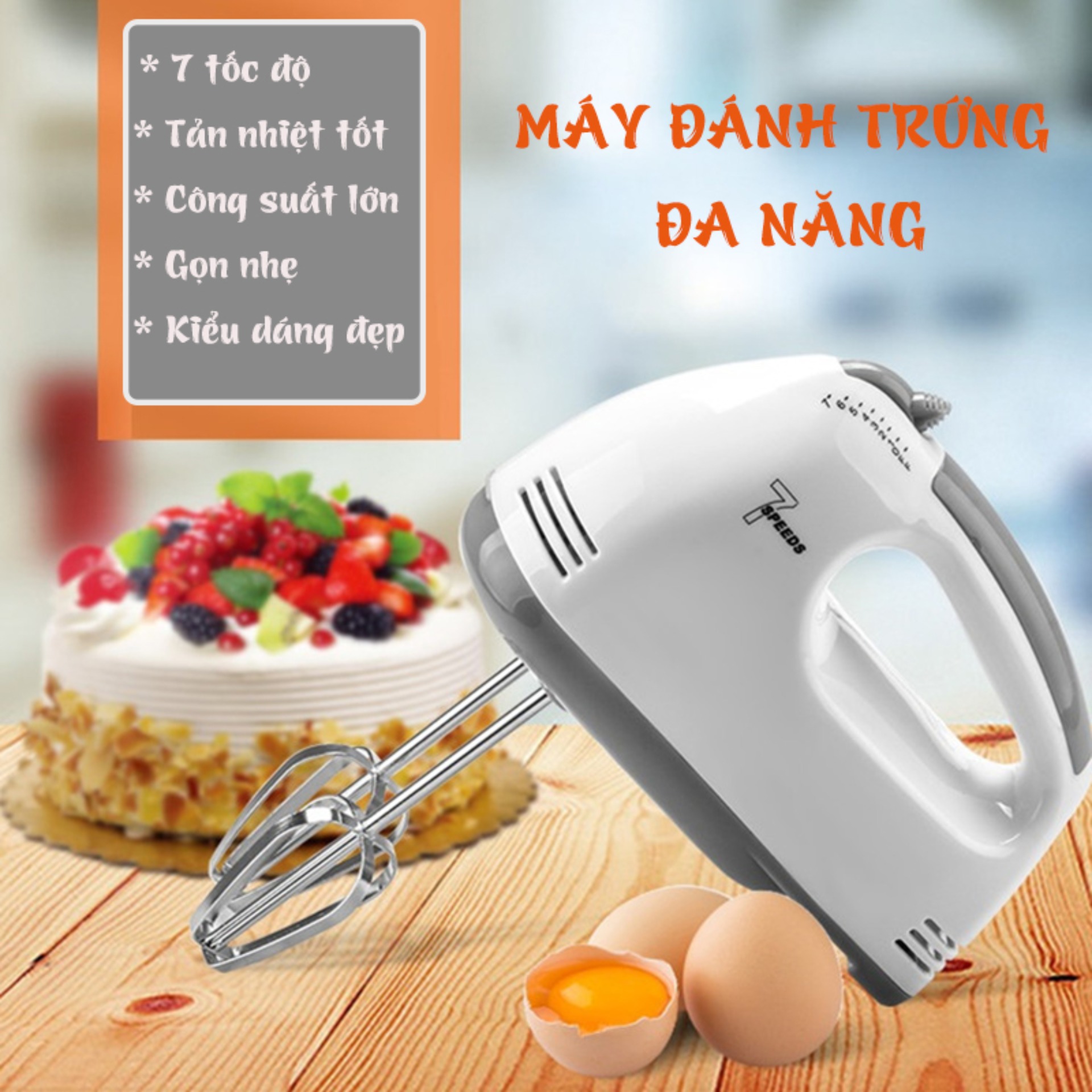 Máy Đánh Trứng Cầm Tay  7 Tốc Độ + Tặng Kèm 4 Đầu Đánh Trứng Cao Cấp, Hoạt Động Êm Ái - Bảo Hành 06 Tháng