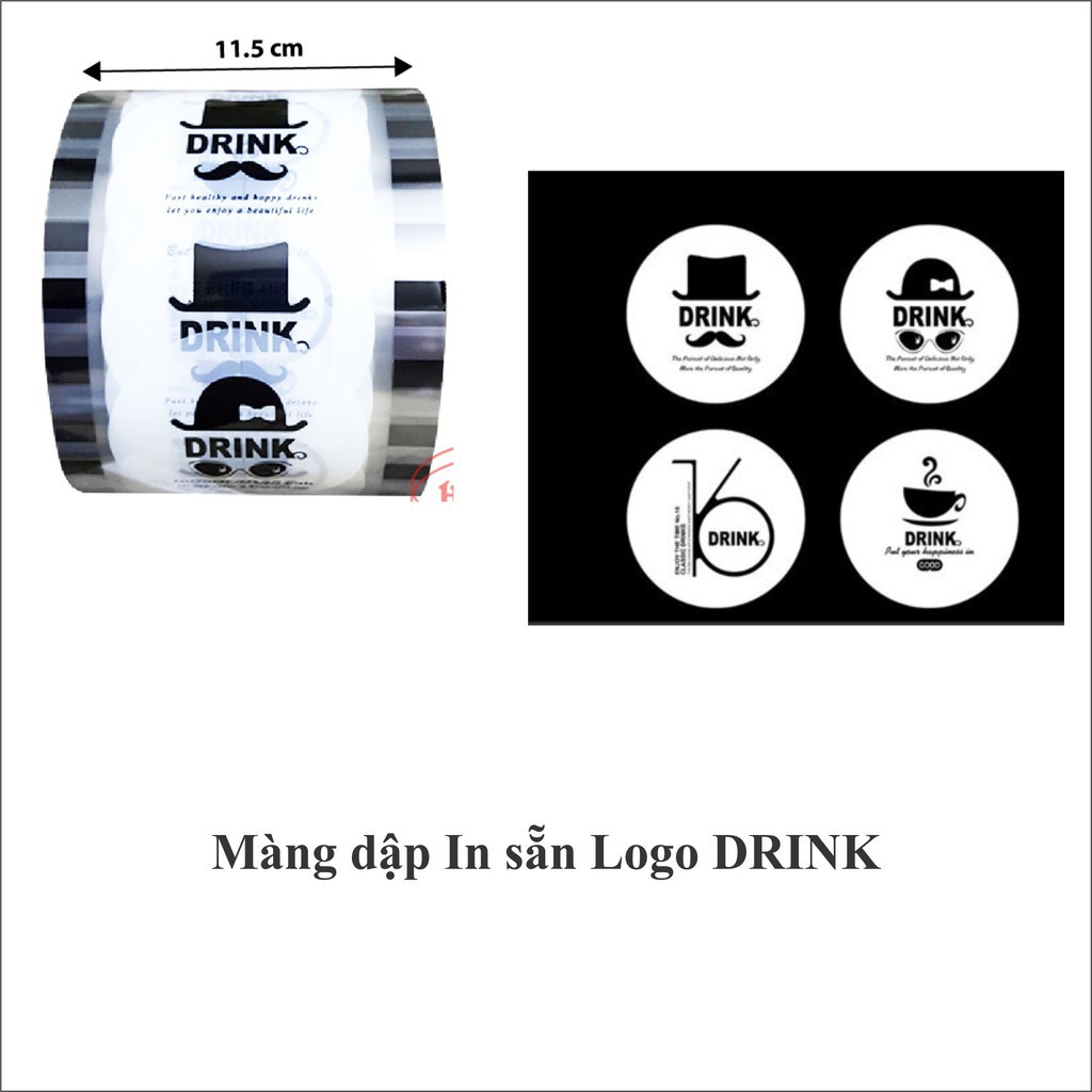 Cuộn dán miệng cốc hình DRINK Cuộn màng keo nhựa, nilon, giấy bóng dán đậy, dập, ép nắp miệng ly cốc