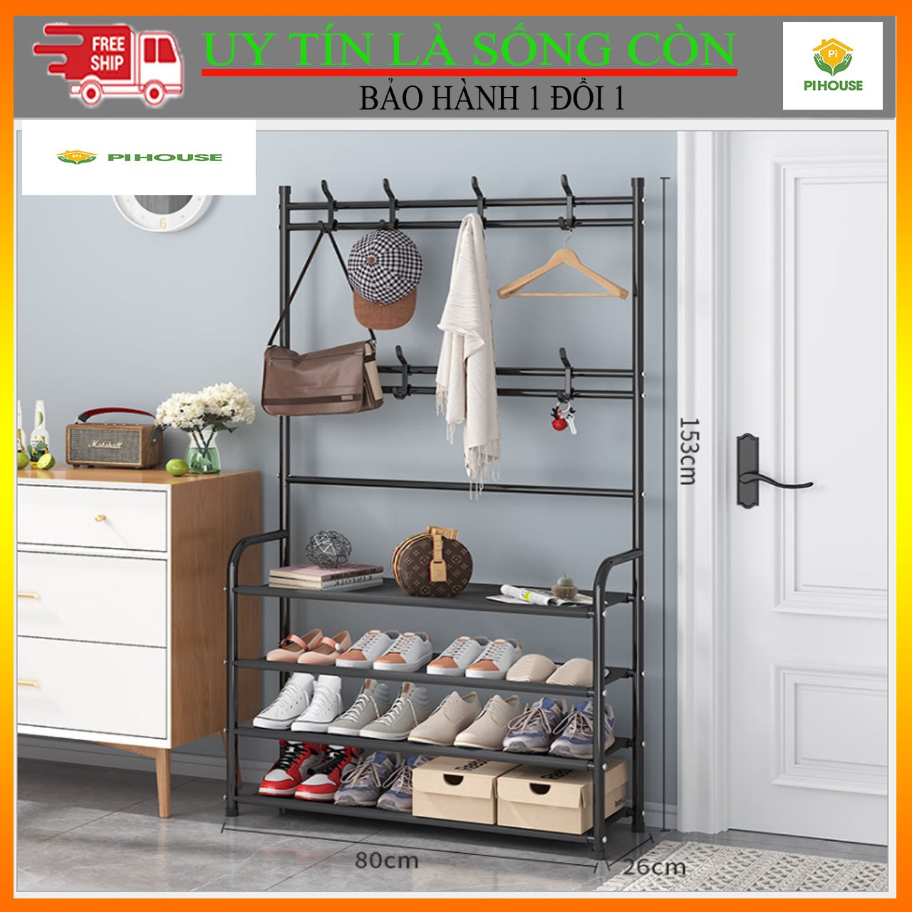 (SANG TRỌNG- TIỆN NGHI) Kệ treo quần áo túi xách kèm giá để giày dép tiện lợi