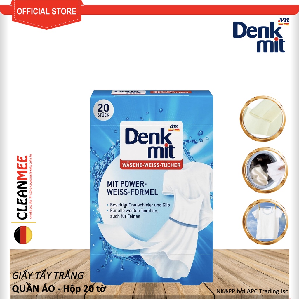 Giấy tẩy trắng quần áo denkmit chuẩn đức loại bỏ mọi vết bẩn cứng đầu cho quần áo trắng sạch hộp 20 tờ - clean.me