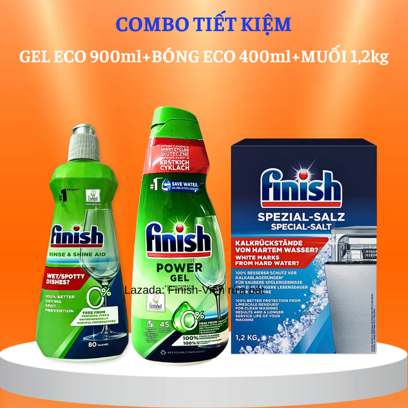 Combo Gel rửa bát Finish hữu cơ Eco 0% 900ml+Nước làm bóng Finish hữu cơ 400ml+Muối làm mềm nước Finish 1,2 kg rửa siêu sạch và an toàn sức khỏe chuyên dùng cho máy rửa chén máy rửa bát