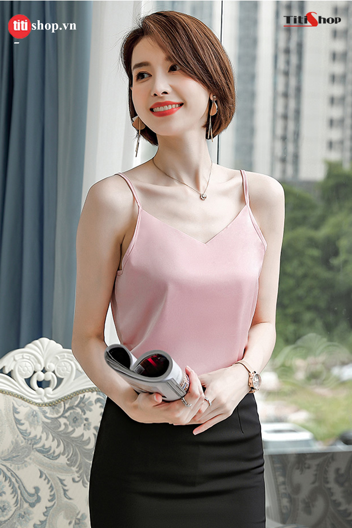 Áo lá mặc vest titishop aol146 hồng cổ v