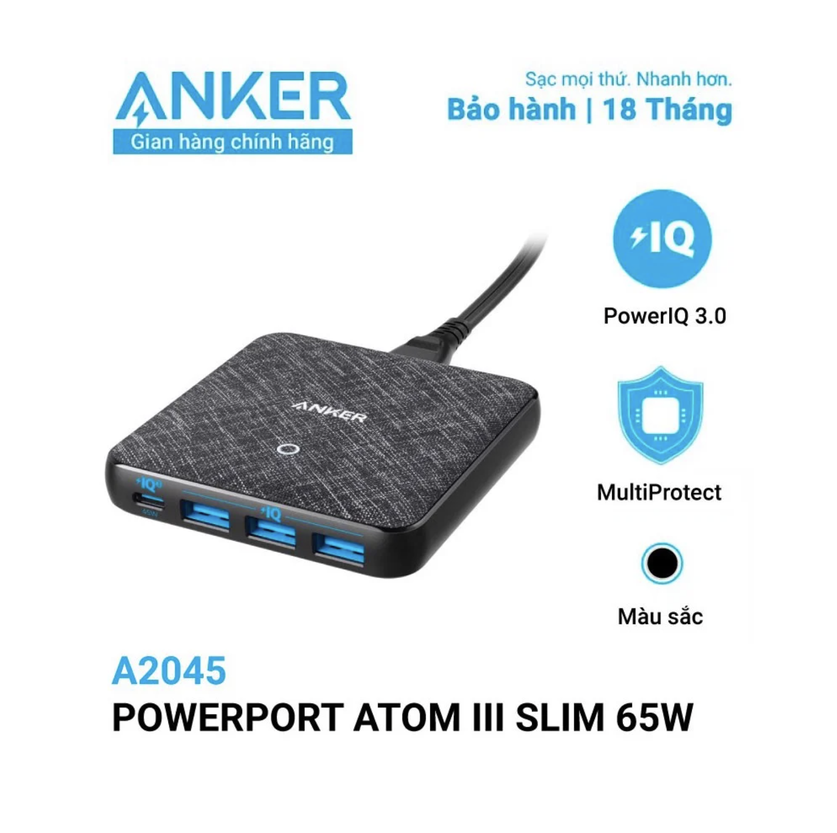 Sạc 4 cổng anker powerport atom iii slim 65w piq 3.0 &amp gan