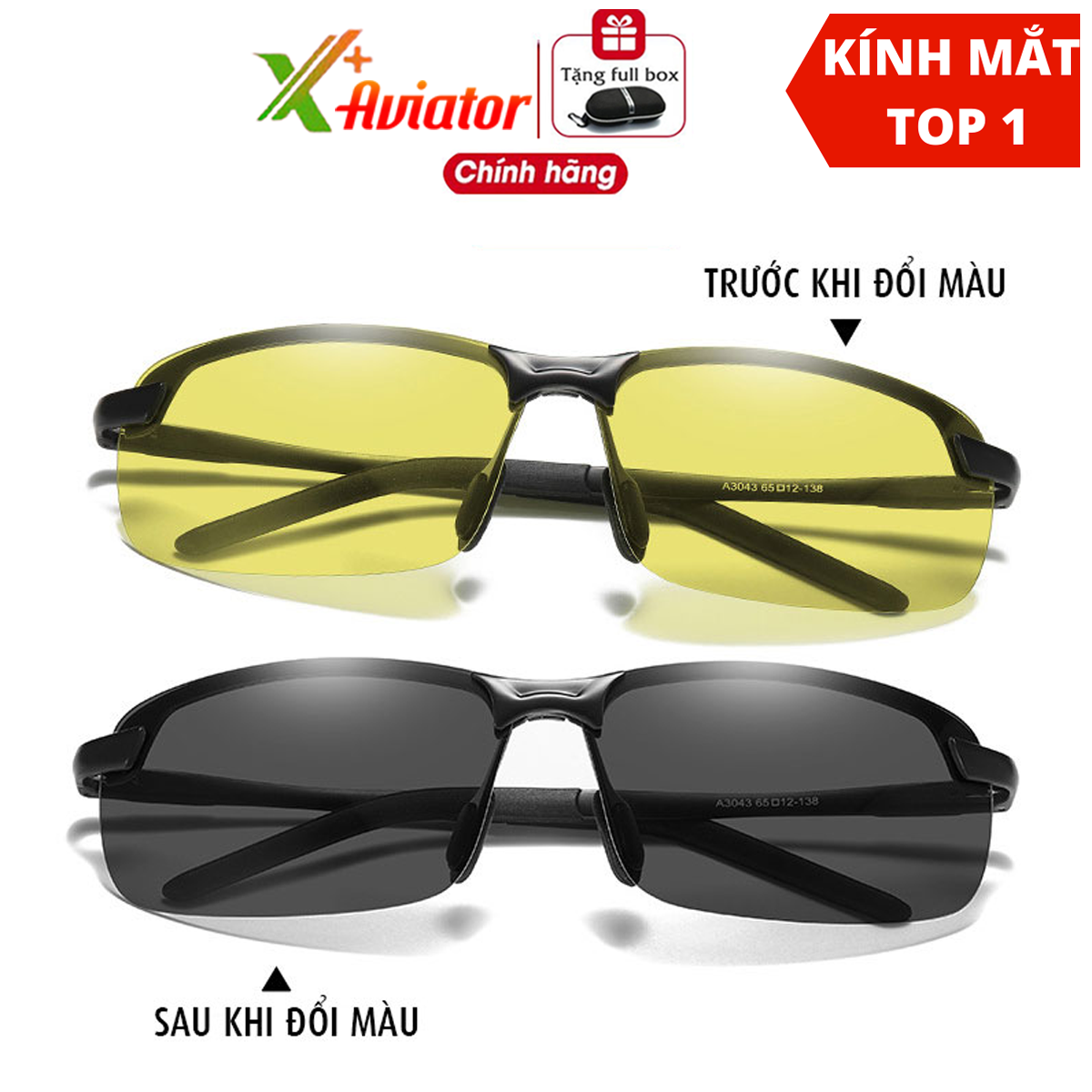 Kính nam Mắt kính đổi màu đi ngày đêm Cao cấp Aoron A3043, gọng nhôm meggie siêu nhẹ mắt phân cực chống UV 400 kính ngày đêm