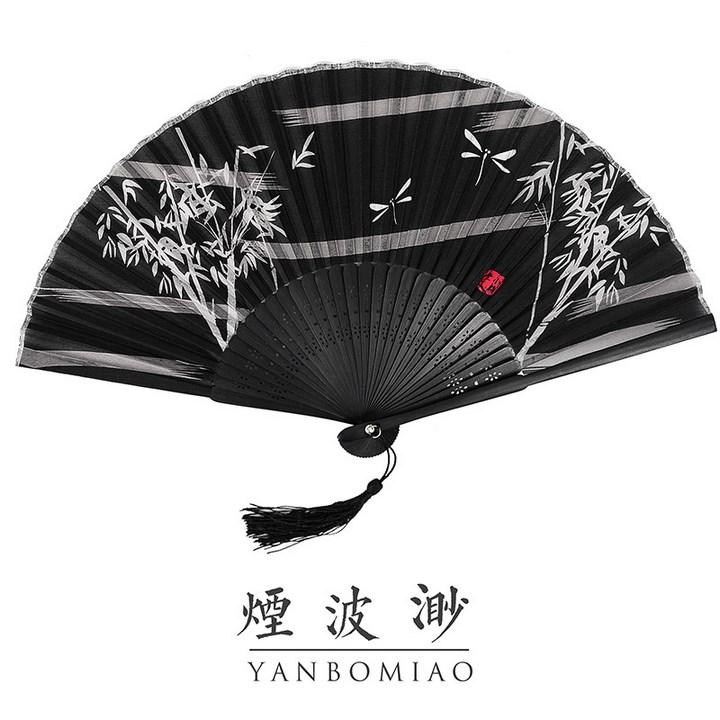 Quạt cổ phong dây tuyến họa tiết trúc nền đen  đồ cổ trang trung quốc cổ phong cổ đại cầm tay
