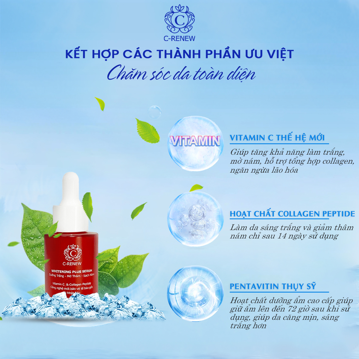 [ĐANG KHUYẾN MÃI Mua 1 tặng 1 băng đô] Serum C-RENEW Whitening Plus với Vitamin C - Collagen Peptide Dưỡng trắng Mờ thâm Sạch nám chai 30mL