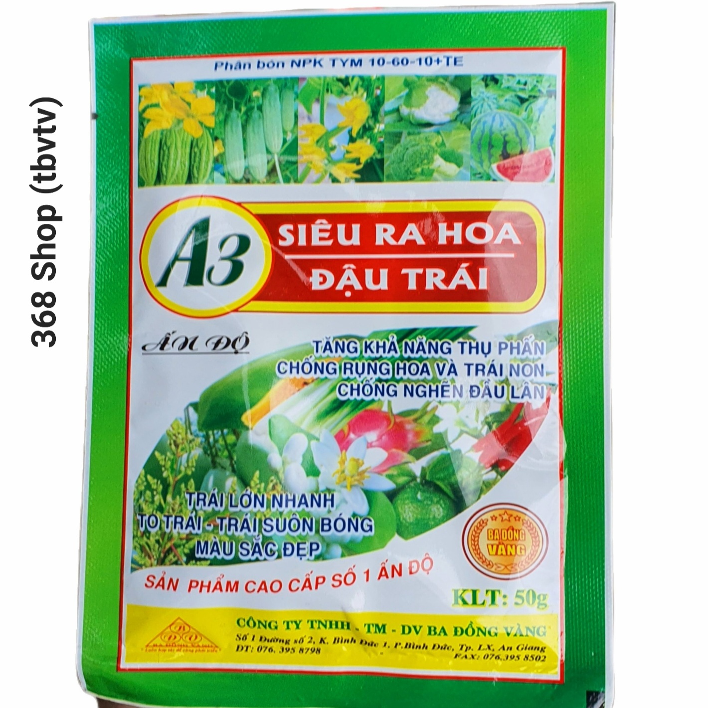 (Combo 10 gói)💎 Siêu Ra Hoa Đậu Trái (50g) Tăng khả năng thụ phấn, chống rụng hoa và trái non, chống nghẽn đầu lân..🌱 Phân bón lá NPK A3 TYM 10-60-10 + TE