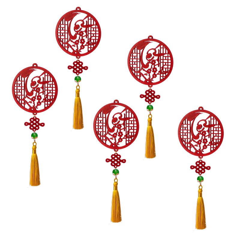 Combo 5 dây phụ kiện trang trí tết handmade bằng gỗ màu đỏ treo cây mai, cây đào chữ thư pháp Tết