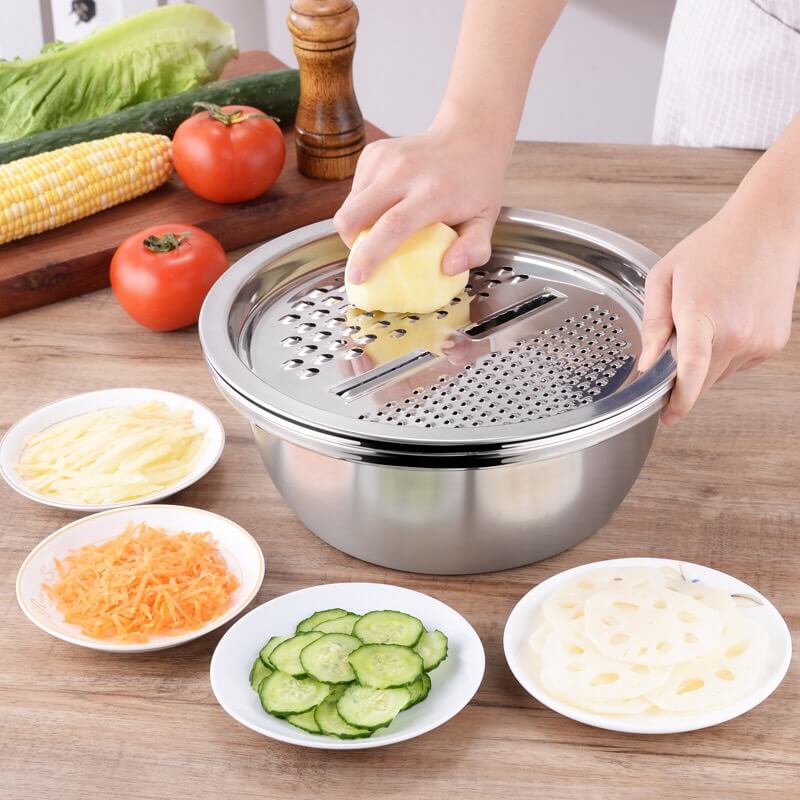 BỘ DỤNG CỤ BÀO CỦ QUẢ BẰNG INOX - BỘ 3 MÓN THAU, RỔ, BÀO CỦ QUẢ BẰNG INOX - SURI STORE (TPHCM)