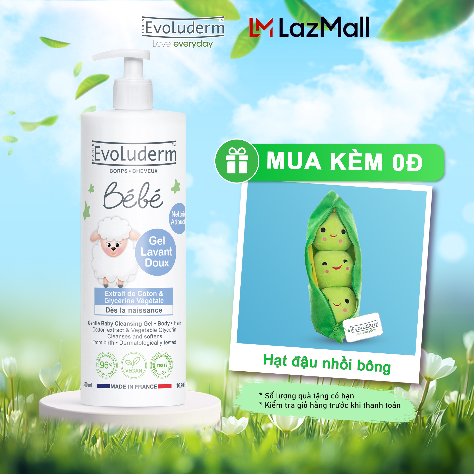 Gel tắm và gội làm sạch và dưỡng ẩm toàn thân cho bé - Gel Lavant Doux Bebe Evoluderm 500ml
