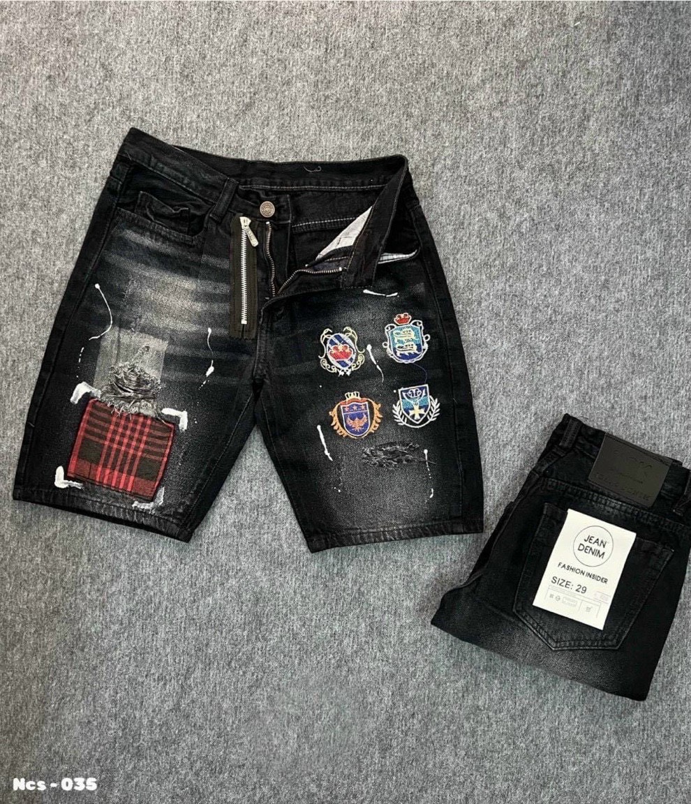 Quần short jean nam thêu logo có khóa kéo lệch,quần short ngố nam họa tiết trẻ trung dễ phối đồ NCH STORE