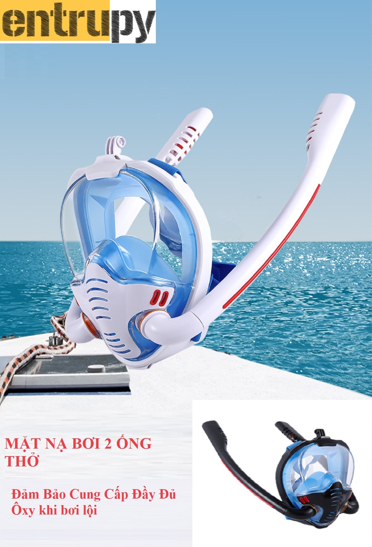 Mặt nạ lặn biển, bể bơi full face 2 ống thở chống đọng sương phiên bản mới có mount gắn gopro