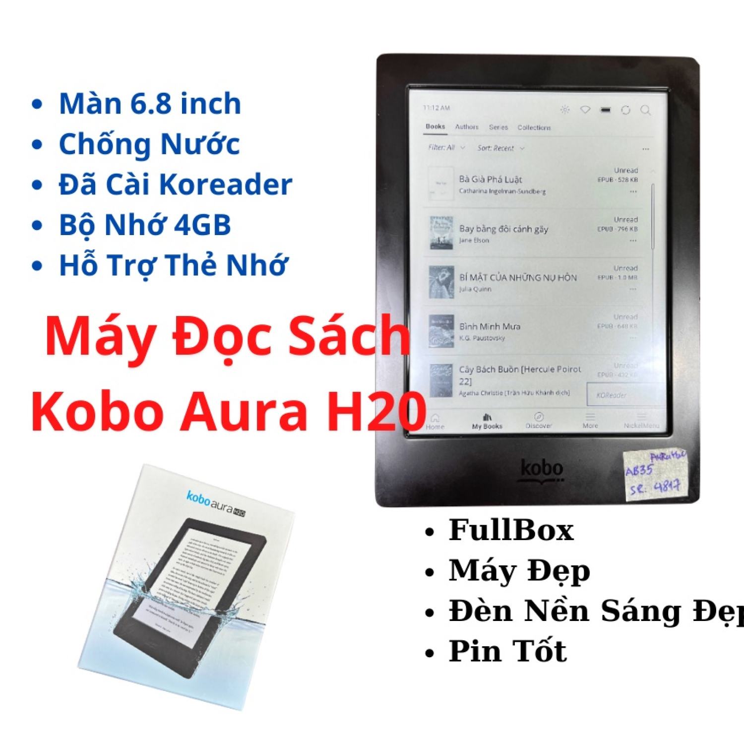 Máy đọc sách kobo aura h20 6.8 inch, có đèn nền đẹp - fullbox