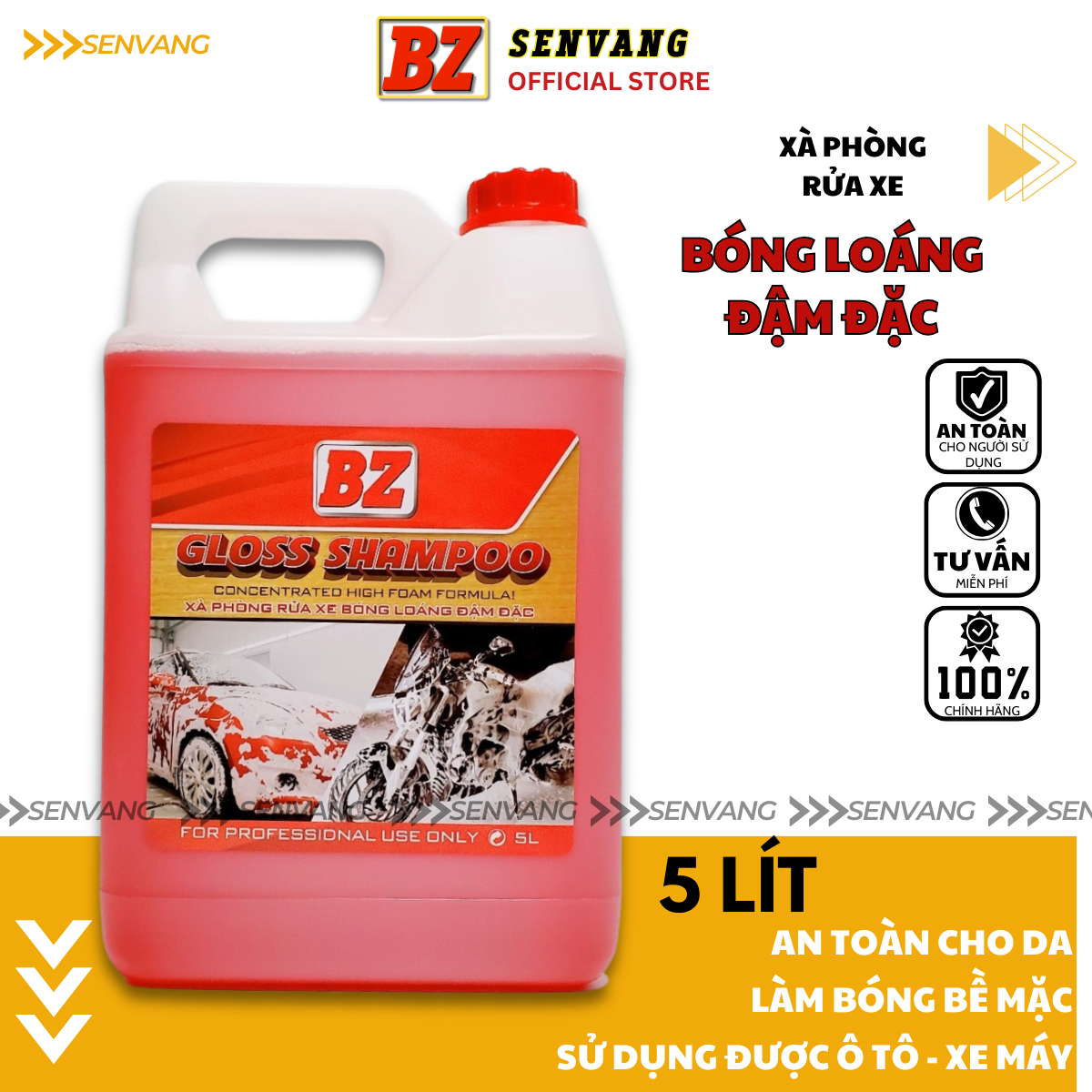 Xà bông rửa xe BZ GLOSS SHAMPOO dung tích 5 Lít Làm sạch xe hơi xe máy và bảo quản lớp sơn siêu bọt