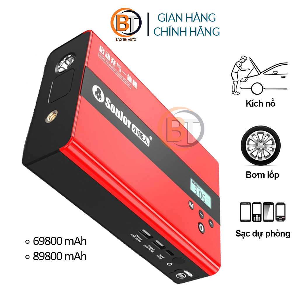 [Bảo hành 6 tháng] Bộ kích bình xe ô tô kiêm bơm lốp ôtô soulor 69800mah, 89800mah đa năng cao cấp, bộ pin sạc dự phòng kiêm bơm hơi lốp kèm kích nổ, kích bình acquy oto xe hơi