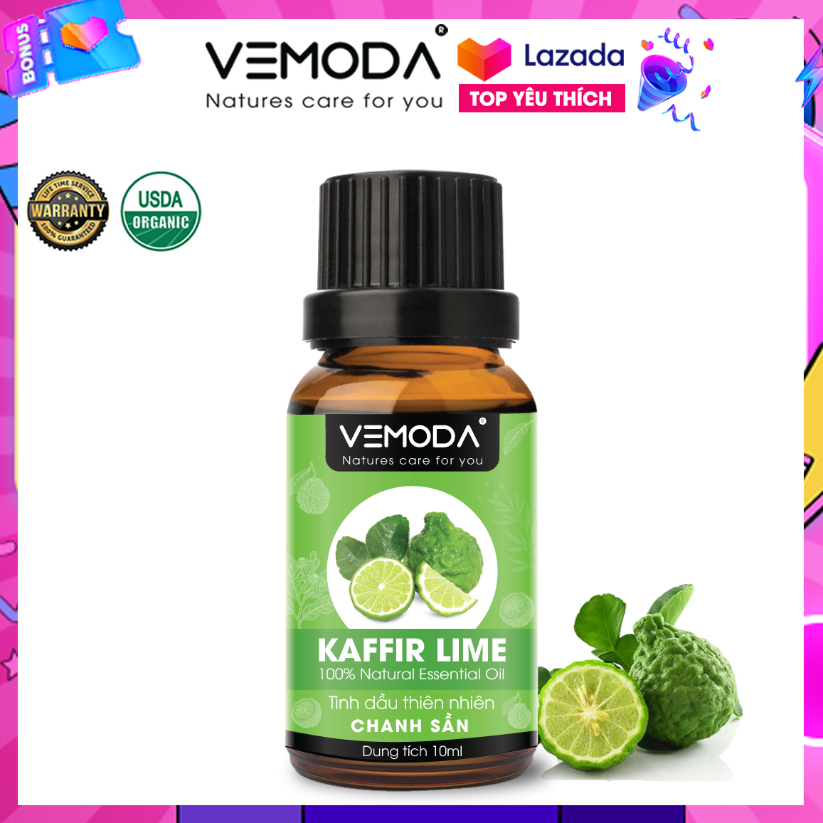 Tinh dầu Chanh sần cao cấp. Kaffir Lime Essential Oil. Tinh dầu xông phòng giúp khử mùi, kháng khuẩn, thanh lọc không khí, thư giãn, tái tạo năng lượng. Tinh dầu thơm phòng cao cấp Vemoda
