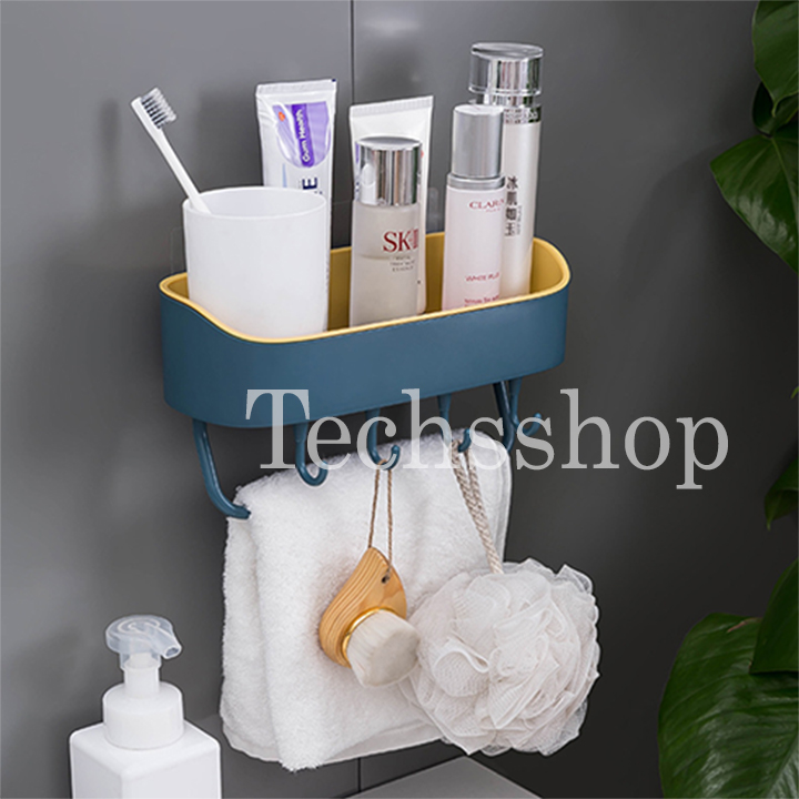 Kệ nhà tắm đa năng dán tường để bàn chải kem đánh răng có móc máng treo bông tắm - Kệ để mỹ phẩm nhà vệ sinh - Đồ dùng nhà tắm - Kệ gia vị - Kệ nhà bếp